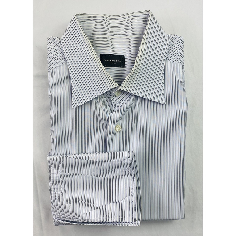 Ermenegildo Zegna Su Misura Blue Striped Mens French Cuff Dress Shirt Large